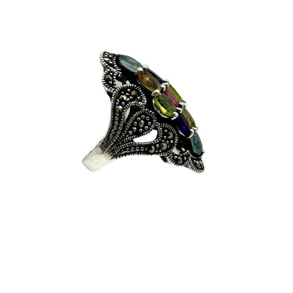Large Sterling Silver Multi Gemstone Marcasite Ri… - image 4