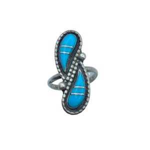 Native Zuni Sterling Silver Turquoise Inlay Ring Size 4.75 Southwestern