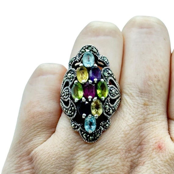 Large Sterling Silver Multi Gemstone Marcasite Ri… - image 3