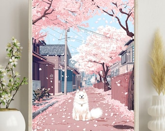 Japanese Spitz in Cherry Blossom Alley — Vintage Sakura Wall Art Print, Retro Japanese Spring Poster