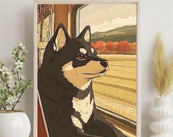 Black Shiba Inu Autumn Maple Train Poster | Vintage Japanese Fall Showa Art Print | Hand-drawn Foliage Wall Decor