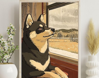 Black Shiba Inu Winter Snow Train Poster | Vintage Japanese Showa Art Print | Hand-drawn Snowy Countryside Wall Decor