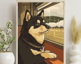 Black Shiba Inu Cherry Blossom Train Poster | Vintage Japanese Spring Showa Art Print | Hand-drawn Sakura Wall Decor