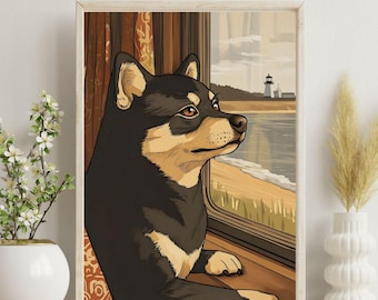 Black Shiba Inu Coastal Lighthouse Train Poster | Vintage Japanese Summer Showa Art Print | Hand-drawn Ocean Wall Decor