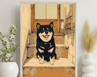 Black Shiba Inu Genkan Poster, Vintage Showa Japanese Wall Art, Traditional Entryway Dog Print, Nostalgic Home Decor