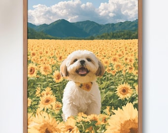 Shih Tzu in Sunflower Field — Japanese Summer Dog Art Print, Sunflower Wall Art, Countryside Poster