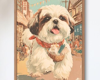 Shih Tzu’s First Errand — Japanese Shopping Street Dog Art Print, Showa Retro Poster, Shotengai Wall Art