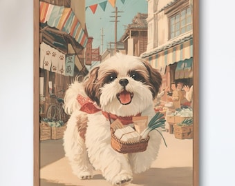 Shih Tzu’s First Errand — Japanese Shopping Street Dog Art Print, Showa Retro Poster, Shotengai Wall Art