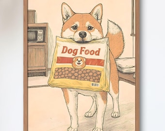 Shiba Inu Dog Food Delivery Art Print | Funny Vintage Showa Japanese Poster | Hungry Shiba Kitchen Wall Decor | Dog Lover Gift