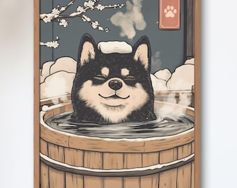Black Shiba Inu Onsen Art Print | Japanese Hot Spring Poster | Ukiyo-e Bathroom Wall Decor | Showa Retro Winter Wall Art