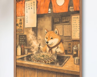 Shiba Inu Okonomiyaki Chef — Vintage Showa Japanese Food Stall Art Print, Cozy Kitchen Wall Decor