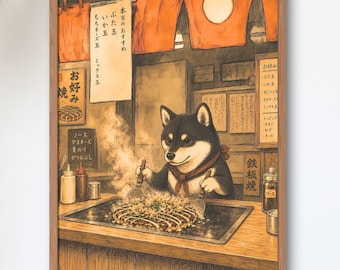 Black Shiba Inu Okonomiyaki Chef — Vintage Showa Japanese Food Stall Art Print, Cozy Kitchen Wall Decor