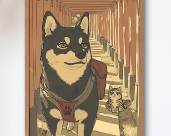 Black Shiba at Torii Gates — Kyoto Fushimi Inari Art Print, Showa Retro Japanese Wall Decor