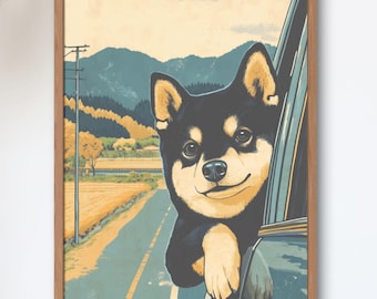 Black Shiba Inu Road Trip Poster, Japanese Countryside Dog Art Print, Vintage Car Window Wall Art