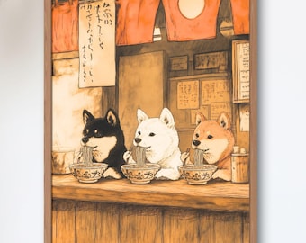 Three Shiba Eating Ramen — Black, White, and Red Shiba at Vintage Counter | Showa Japanese Ramen Shop Art Print