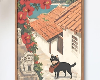 Shiba Tabi No.4 — Okinawa | Black Shiba Meets a Shisa Guardian | Vintage Showa Japanese Travel Poster