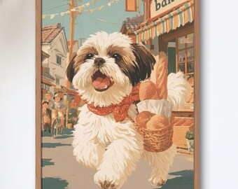 Shih Tzu’s Bakery Errand — Japanese Shopping Street Dog Art Print, Showa Retro Poster, Bread Lover Wall Art