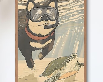 Shiba Tabi No.8 — Snorkeling in Okinawa | Black Shiba Meets a Sea Turtle | Vintage Showa Japanese Travel Poster
