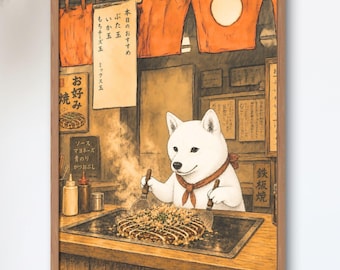 White Shiba Inu Okonomiyaki Chef — Vintage Showa Japanese Food Stall Art Print, Cozy Kitchen Wall Decor