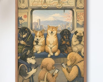 Modern Tokyo Commute — Shiba Inu Sleeps While Other Dogs Scroll | Vintage Japanese Subway Satire Poster