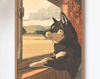 Black Shiba Inu Train Window Poster, Vintage Japanese Showa Art Print, Nostalgic Countryside Travel Wall Decor