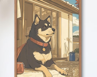 Shiba Tabi No.10 — Quiet Afternoon at the Old House | Black Shiba Resting on the Engawa | Vintage Showa Japanese Travel Poster