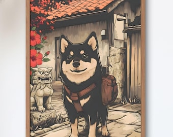 Shiba Tabi No.4 — Okinawa | Black Shiba Meets a Shisa Guardian | Vintage Showa Japanese Travel Poster