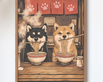 Shiba Inu Art Print: Showa Retro Japanese Ramen Shop Poster