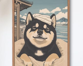 Black Shiba in Ibusuki Sand Bath — Japanese Onsen Dog Art Print, Ukiyo-e Style Kagoshima Travel Poster
