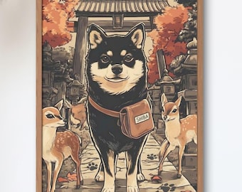 Shiba Tabi No.3 — Nara Deer Park | Black Shiba Meets the Deer | Vintage Showa Japanese Travel Poster