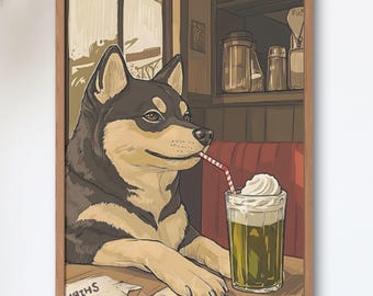Shiba Inu Cream Soda Art Print | Vintage Showa Japanese Kissaten Poster | Writing Letters Cafe Wall Decor | Dog Lover Gift