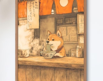 Shiba Inu Ramen Poster, Vintage Showa Japanese Wall Art, Hand-Drawn Dog Print, Cozy Ramen Shop Kitchen Decor
