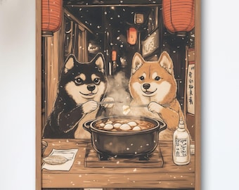 Shiba Inu Oden Art Print | Japanese Winter Street Food Poster | Showa Retro Night Stall Wall Decor | Black and Red Shiba