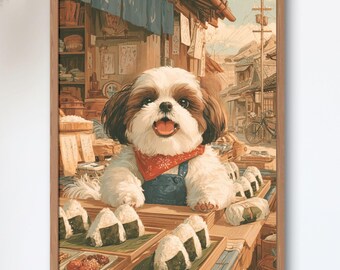 Shih Tzu Onigiri Shop Helper — Japanese Dog Art Print, Showa Retro Poster, Rice Ball Wall Art