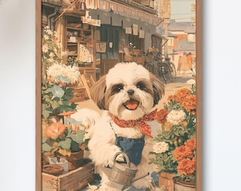 Shih Tzu Flower Shop Helper — Japanese Dog Art Print, Showa Retro Poster, Floral Wall Art