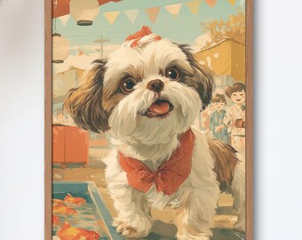 Shih Tzu Japanese Festival Poster, Goldfish Scooping Art Print, Showa Retro Dog Wall Art, Japan Summer Decor