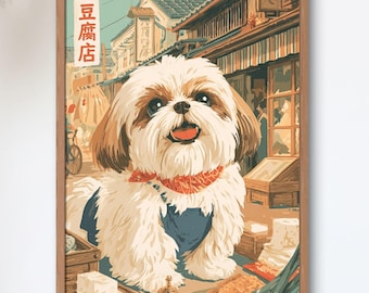 Shih Tzu Tofu Shop Helper — Japanese Dog Art Print, Showa Retro Store Poster, Tofu Shop Wall Art