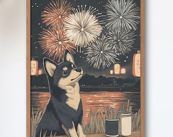 Black Shiba Inu Fireworks Art Print | Japanese Summer Festival Poster | Showa Retro Hanabi Night Wall Decor