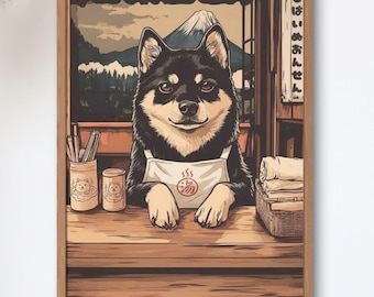 Black Shiba Onsen Keeper — Vintage Showa Japanese Bathhouse Art Print, Mt. Fuji View, Cozy Wall Decor