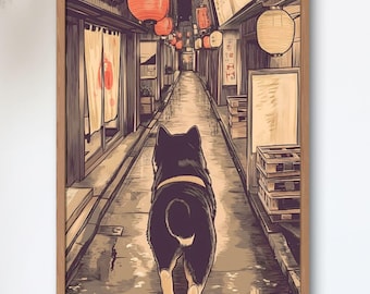 Black Shiba Inu Night Alley Art Print | Japanese Yokocho Lantern Poster | Showa Retro Street Wall Decor | Moody Japan Art