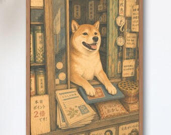 Shiba Inu Shopkeeper — Retro Japanese Corner Store Dog Art Print, Showa Shop Poster, Nostalgic Wall Art