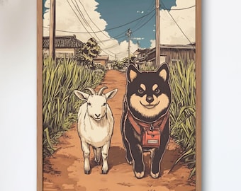 Shiba Tabi No.6 — Okinawa Countryside | Black Shiba Walks with a Little Goat | Vintage Showa Japanese Travel Poster