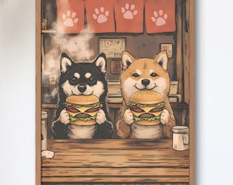 Shiba Inu Burger Poster, Vintage Showa Japanese Wall Art, Two Shibas Cheeseburger Diner Print, Cozy Kitchen Decor