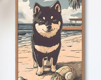 Shiba Tabi No.5 — Okinawa Beach | Black Shiba Meets a Hermit Crab | Vintage Showa Japanese Travel Poster