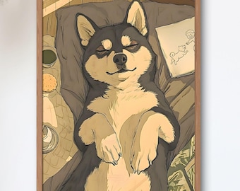 Sleeping Shiba Dreaming of His Human — Vintage Showa Japanese Dog Art Print, Cozy Slow Living Wall Decor
