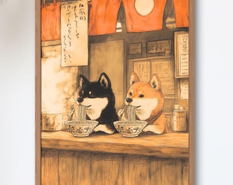 Black and Red Shiba Eating Ramen — Vintage Showa Ramen Shop Art Print, Cozy Kitchen Wall Decor