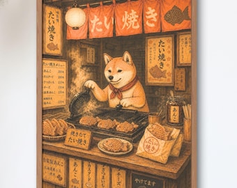 Shiba Inu Taiyaki Stand — Vintage Showa Japanese Street Food Art Print, Cozy Kitchen Wall Decor