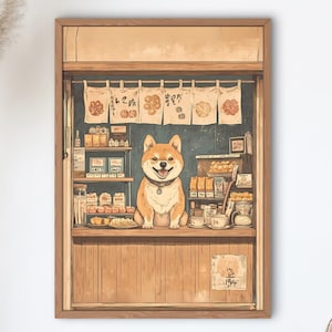 Plakat Showa retro Shiba Inu z japońskim sklepem ze słodyczami | Nostalgiczny japoński sklep ze słodyczami | Plakat w stylu vintage | Retro, urocze wnętrze