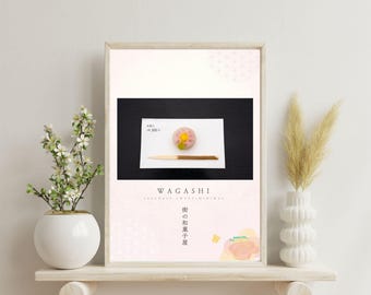 Wagashi Poster, Minimal Japanese Sweets Wall Art, Japandi Dessert Print, Tea Room Kitchen Decor