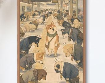 Sorry for Being Sorry — Bowing Dogs at Tokyo Station | Vintage Japanese Satire Art Print